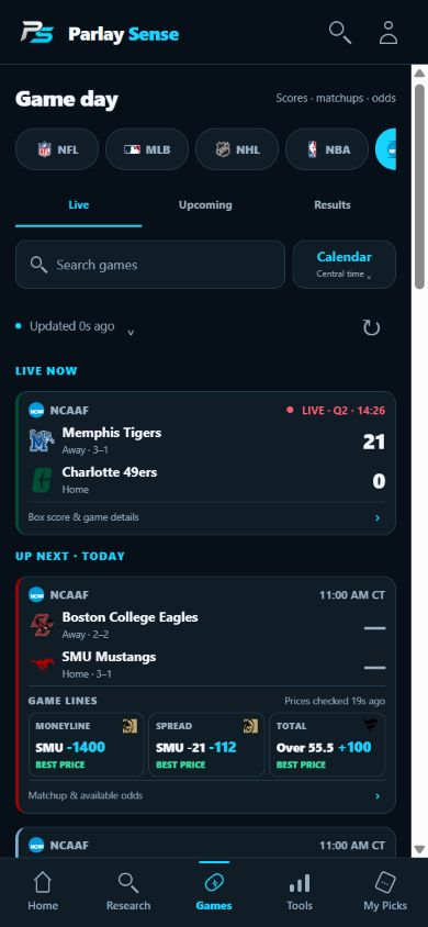 Actual Games screen with a live NCAAF score and compact moneyline, spread and total prices