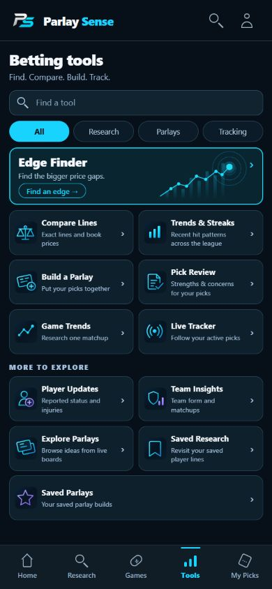 Actual Parlay Sense Tools screen with Edge Finder, Compare Lines, Pick Review, Game Trends and Live Tracker
